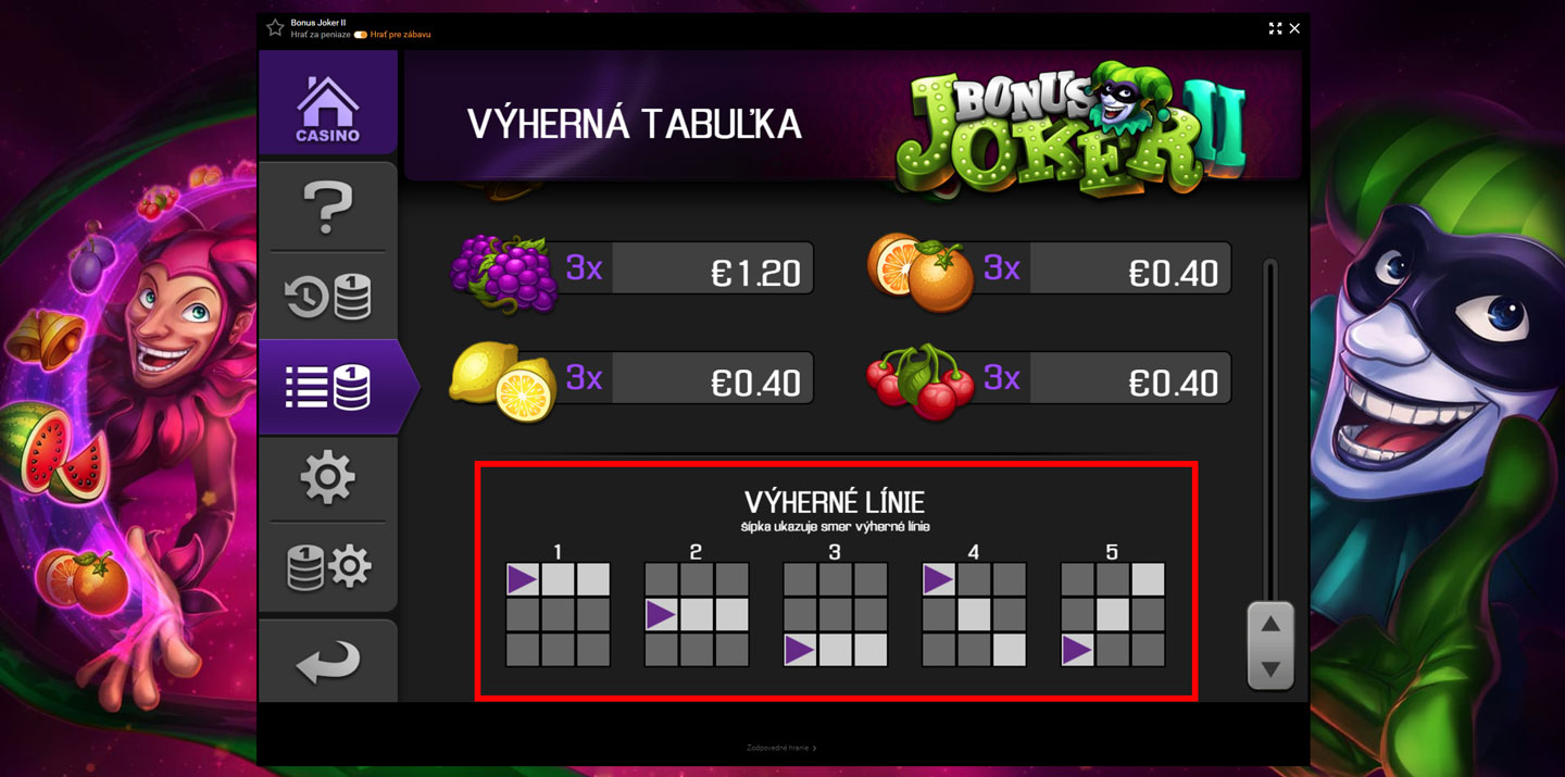 Výherné línie na online automate Bonus Joker II