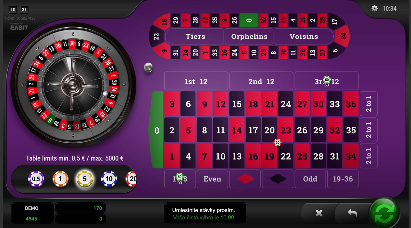 Pokrytie ruletového stola v online kasíne SYNOT TIP
